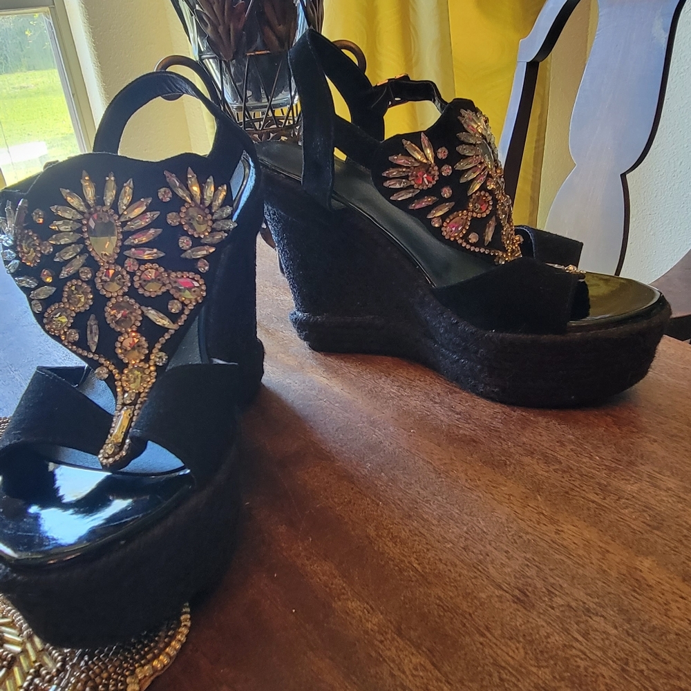 Black leather with rhinestones wedges